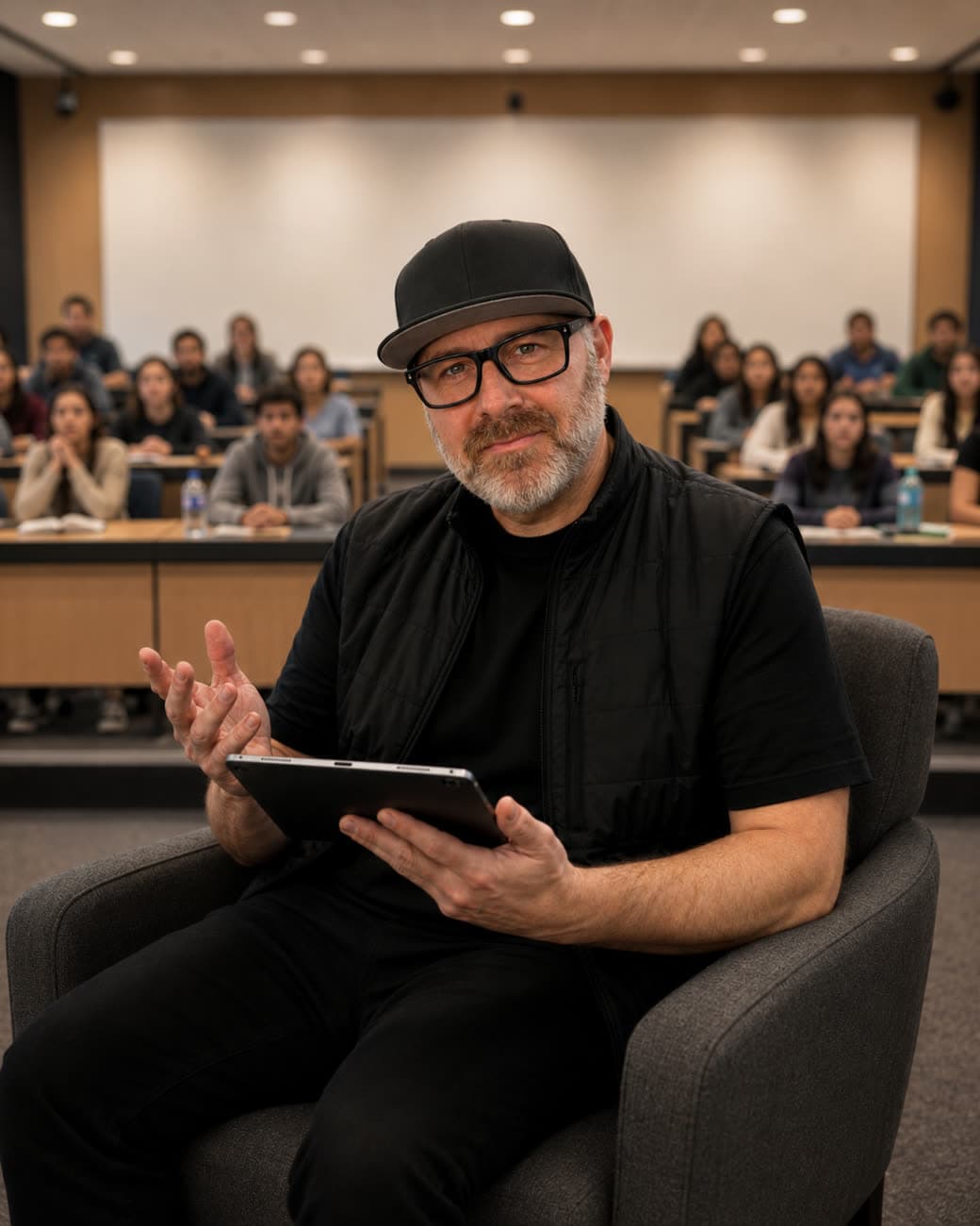 Dr. A in a lecture hall with students seated behind him